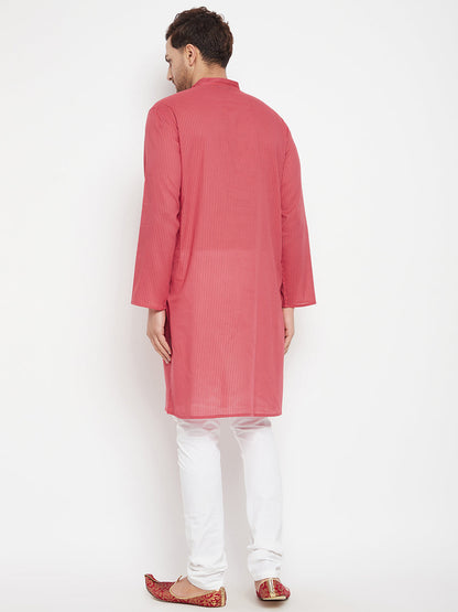 Men's Rust Color Long Kurta with Band Collar