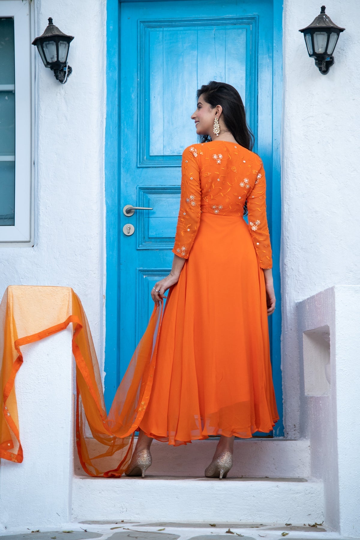 Women's Orange Anarkali Set - Label Shaurya Sanadhya