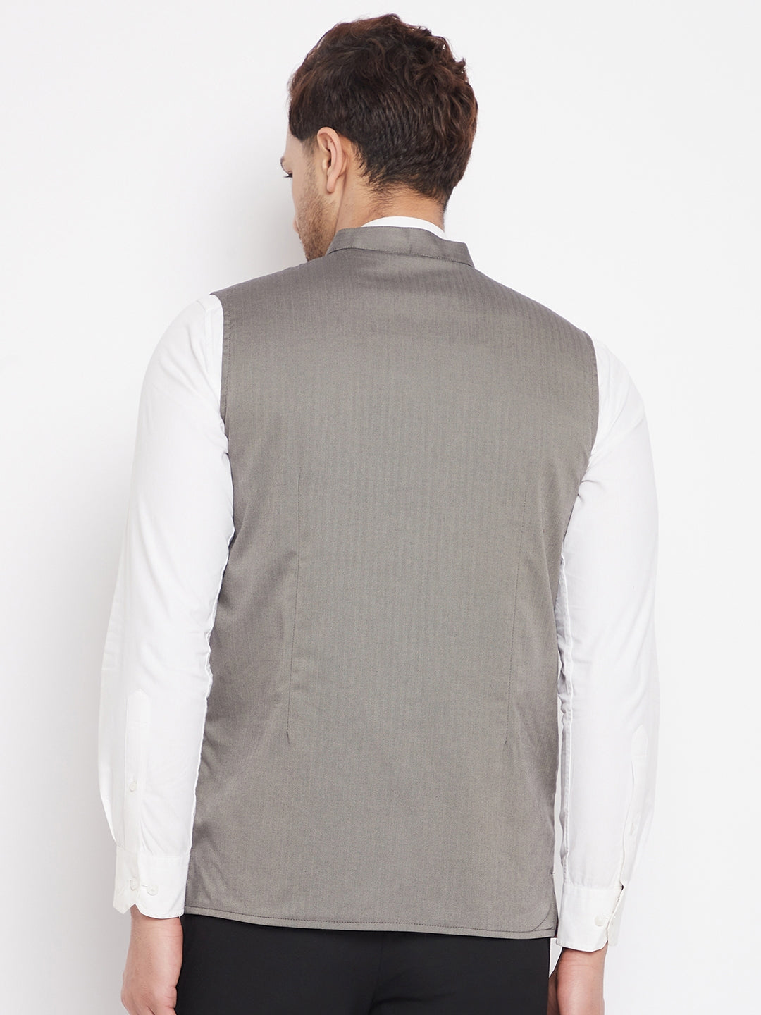 Men's Grey Color Nehru Jacket-Contrast Lining-Inbuilt Pocket Square