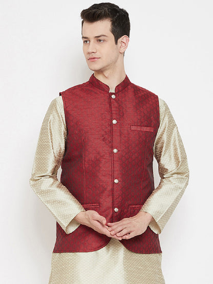 Men's Jacquard Red Silk Nehru Jacket