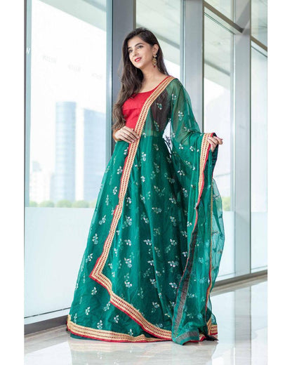 Women's Bottle Green And Red Lehenga Set (3pcs set) - Label Shaurya Sanadhya