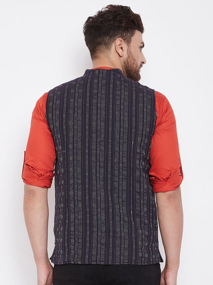 Men's Ethnic Jacquard Navy Blue Nehru Jacket