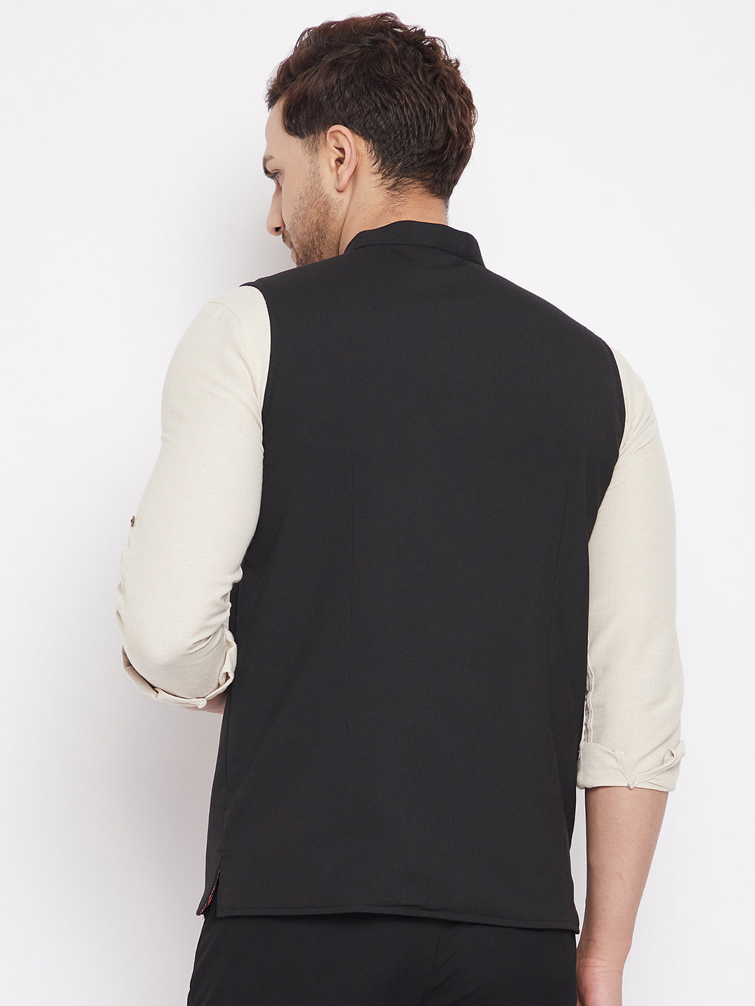 Men's Black Color Nehru Jacket-Contrast Lining-Inbuilt Pocket Square