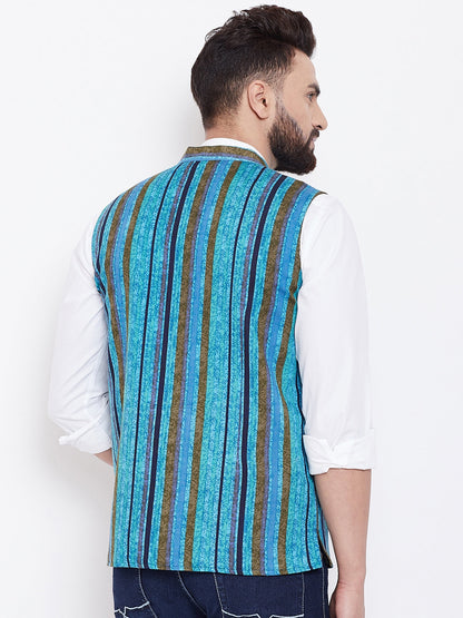 Men's Blue Striped Nehru Jacket