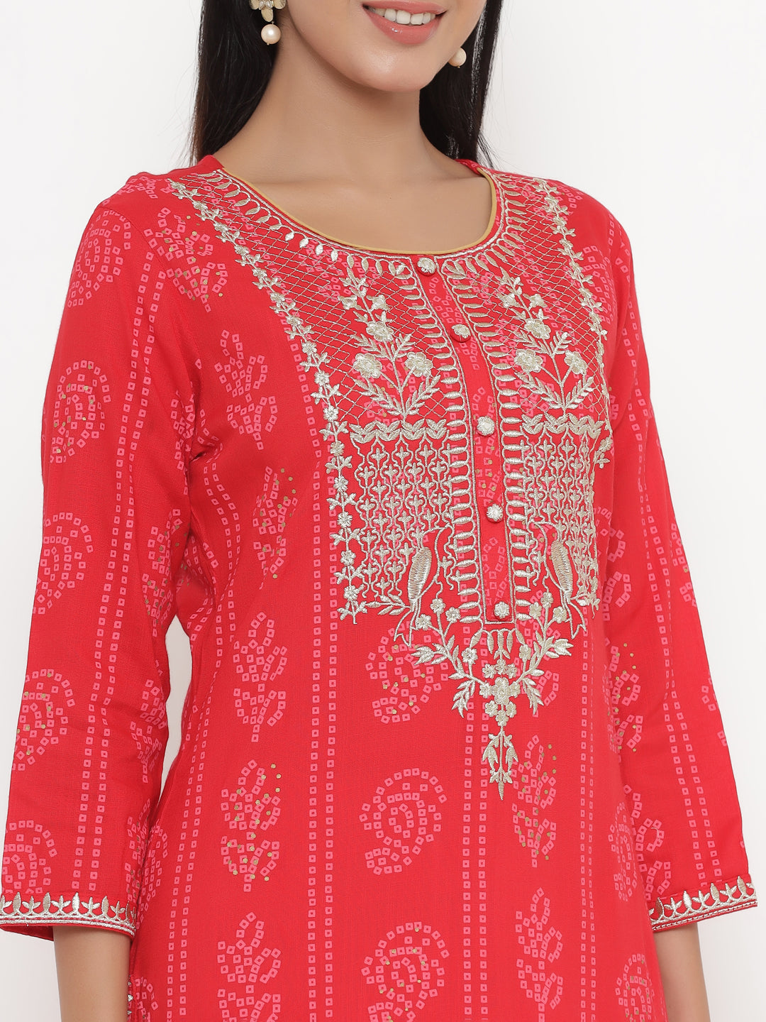 Women's Self Desgin Rayon Fabric Straight Kurta Red Color