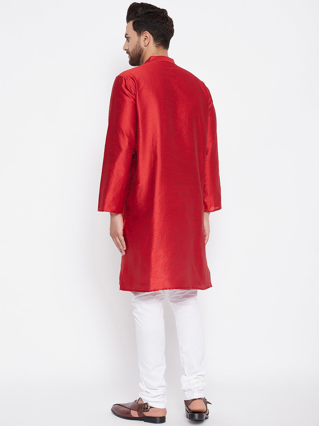 Men's Woven Design Red Straight  Kurta