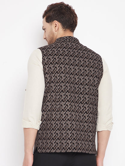 Men's Black Color Woven Nehru Jacket