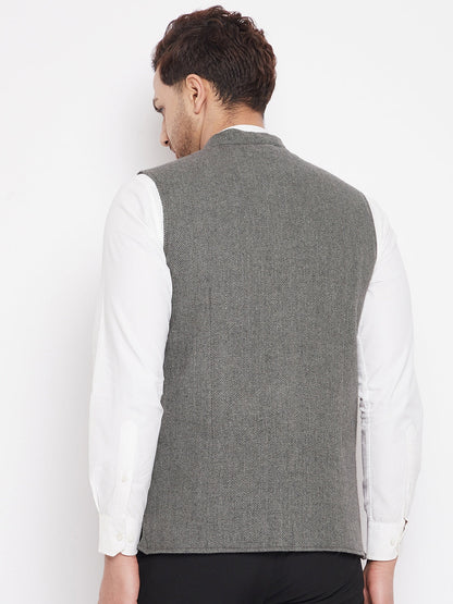 Men's Grey Color Woven Nehru Jacket