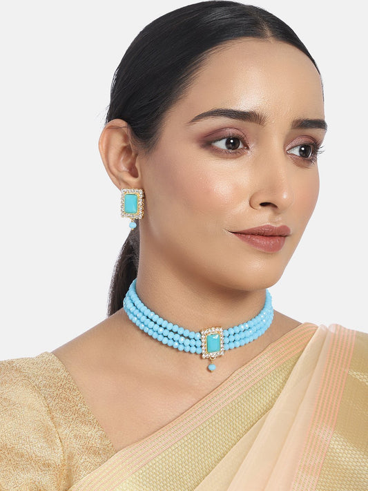 Women's  Gold Plated Traditional Handcrafted Turquoise Crystal Stone Beaded Choker Necklace Jewellery Set With Earrings