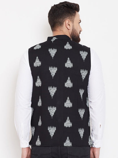 Men's Black Geometric Print Nehru Jacket