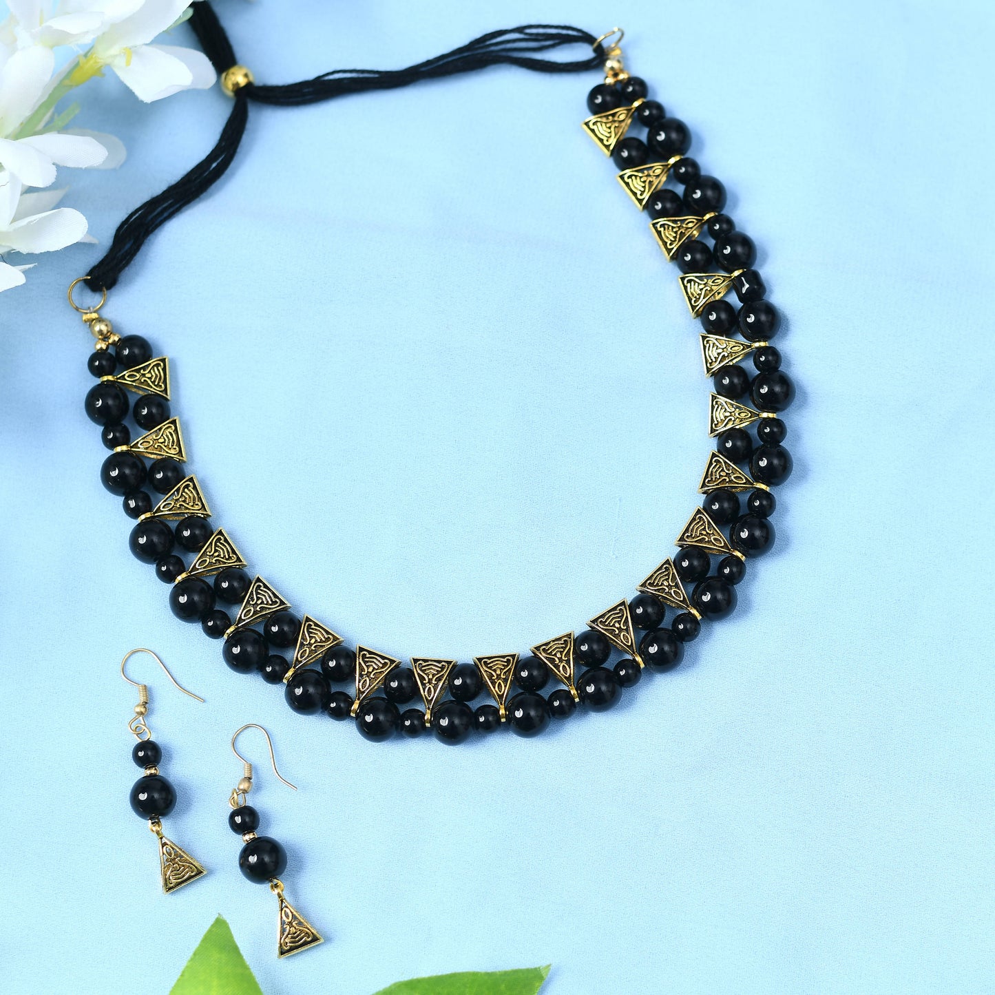 Gold-Plated Black Pearls Necklace with Earrings Jkms_091