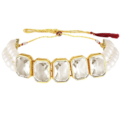 Women's Gold Plated White Crystal Stone Pearl Studded Choker Necklace Jewellery Set