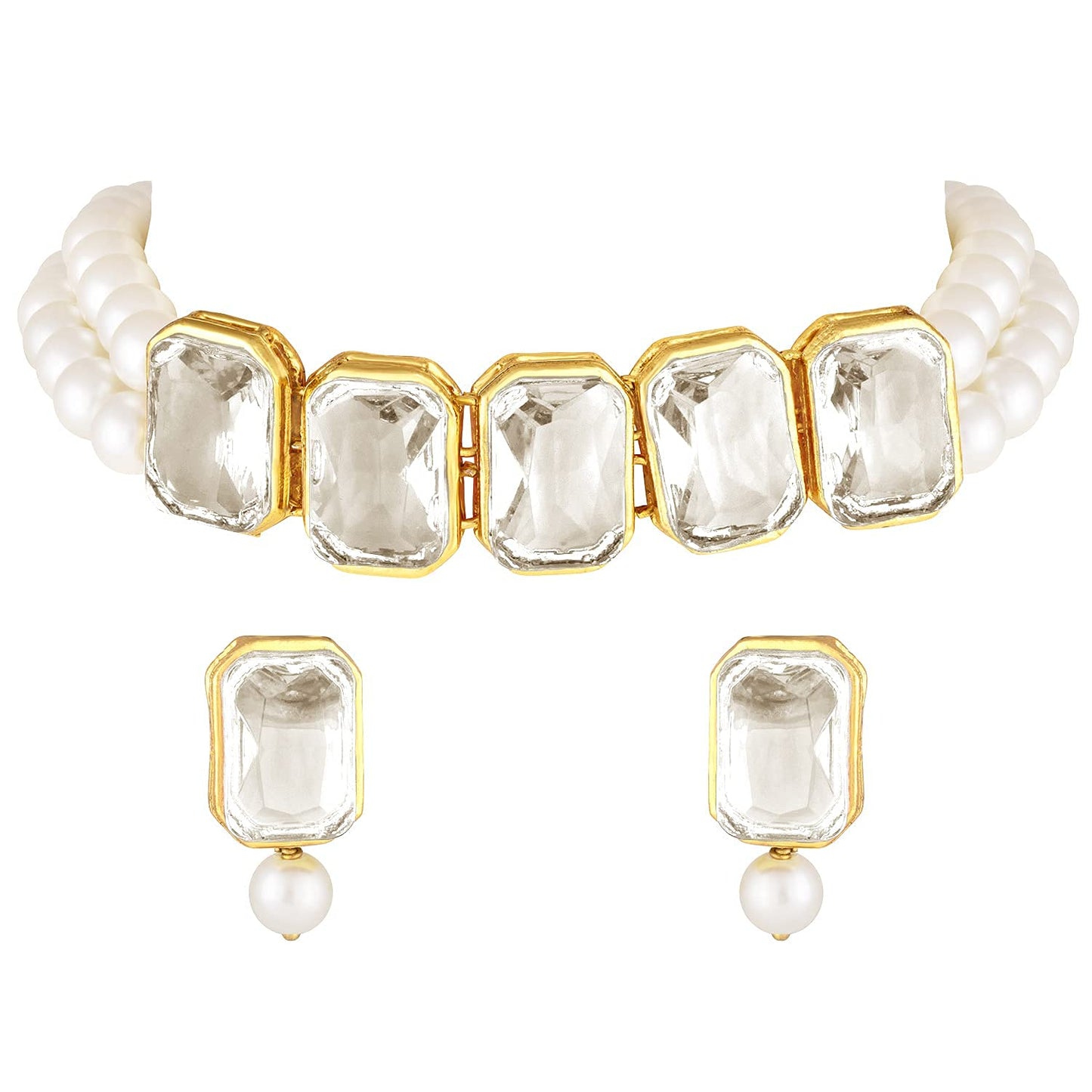 Women's Gold Plated White Crystal Stone Pearl Studded Choker Necklace Jewellery Set