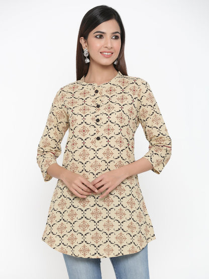 Women's Printed Cream Short Kurta by - (1pc set)