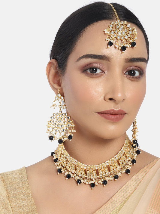 Women's Gold Plated Black Handcrafted Choker Necklace Set with Earrings & Maang Tikka