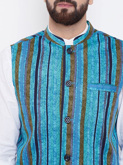 Men's Blue Striped Nehru Jacket