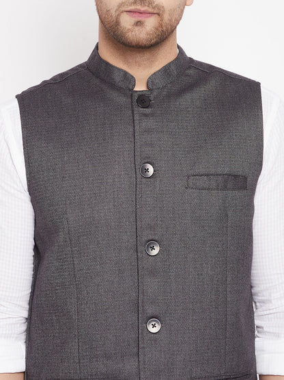 Men's Grey Color Woven Nehru Jacket