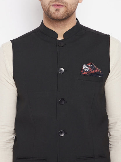 Men's Black Color Nehru Jacket-Contrast Lining-Inbuilt Pocket Square