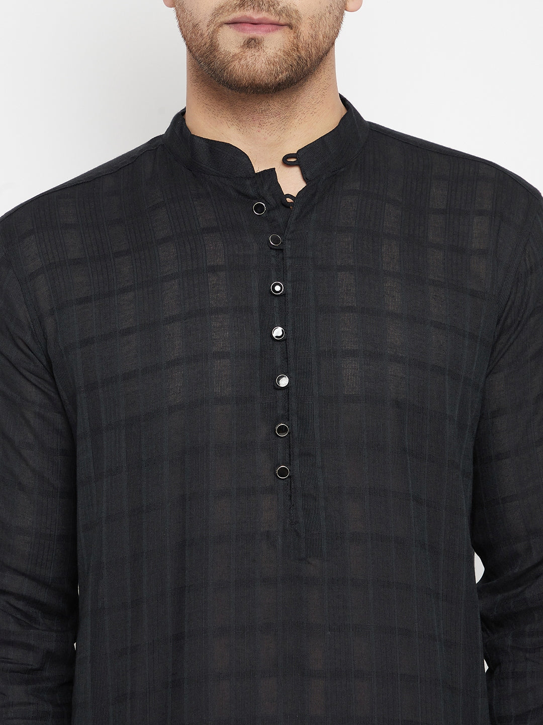 Men's Black Color Long Kurta with Band Collar