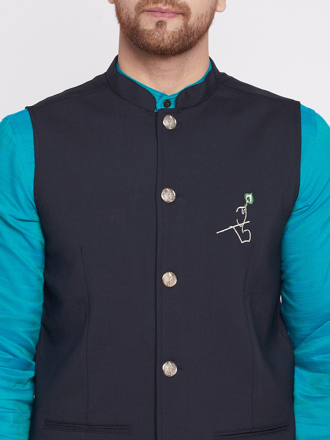 Men's Nehru Jacket With Embroided Insignia Of Lord Krishna -