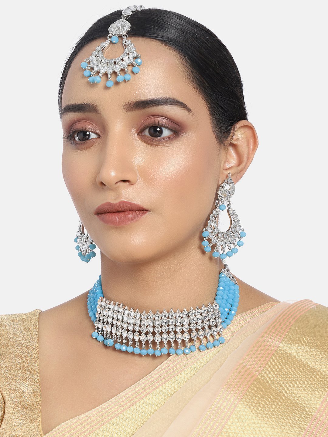 Women's Rhodium Plated Ethnic Turquoise Kundan & Pearl Choker Necklace Set