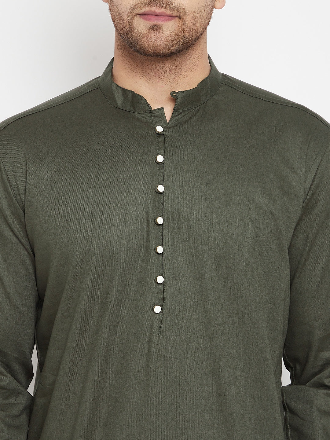 Men's Green Color Long Kurta with Band Collar