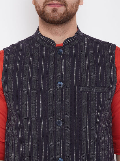 Men's Ethnic Jacquard Navy Blue Nehru Jacket