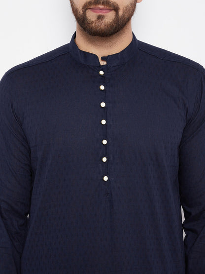 Men's Woven Design Navy Straight  Kurta