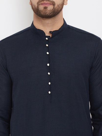 Men's Solid Navy Blue Placket Detail Cotton Kurta