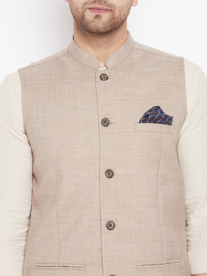 Men's Cream Color Nehru Jacket-Contrast Lining-Inbuilt Pocket Square