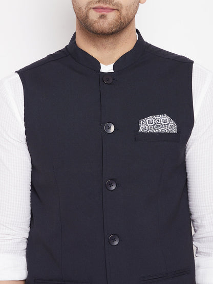 Men's Navy Color Nehru Jacket-Contrast Lining-Inbuilt Pocket Square