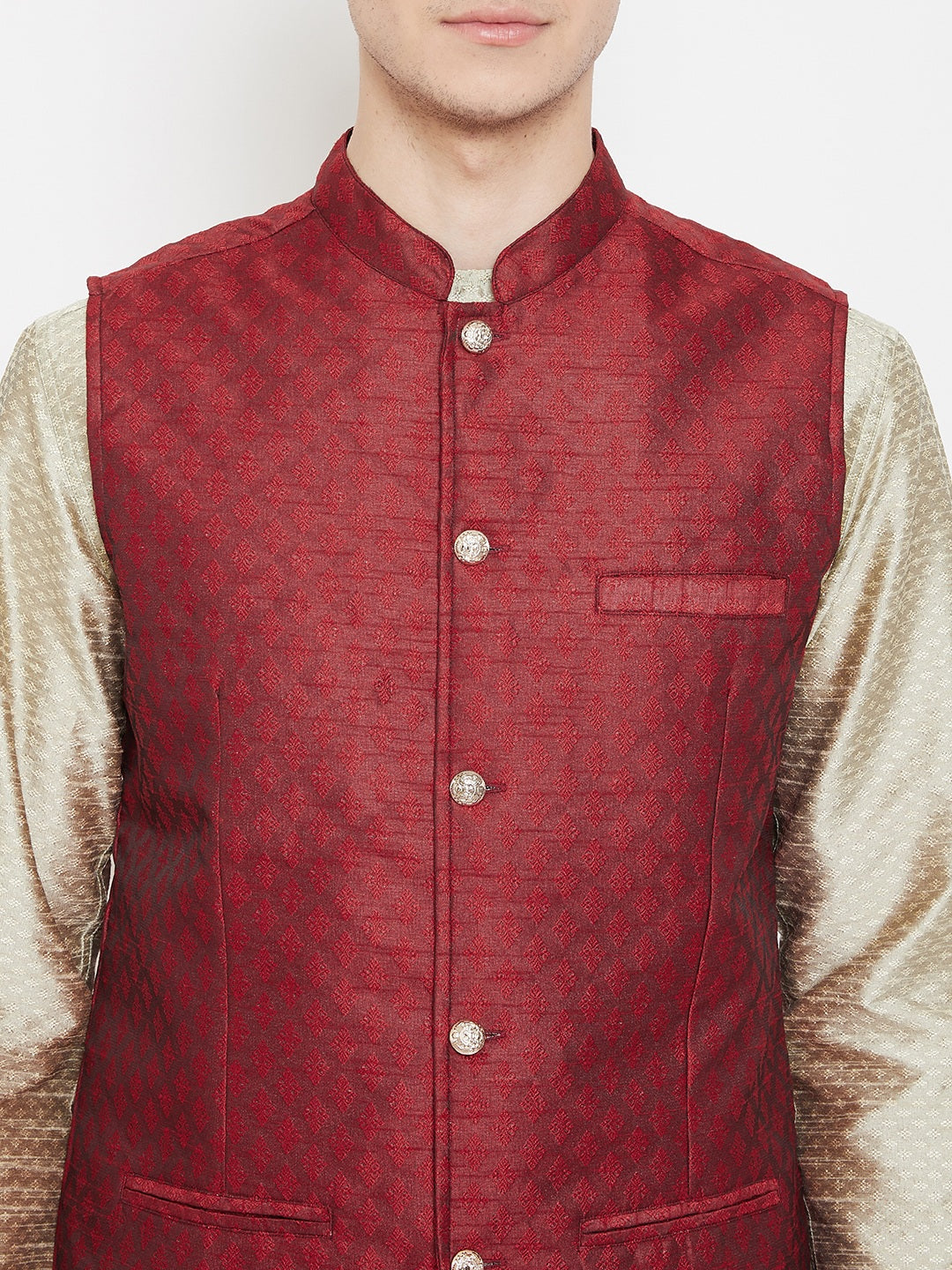 Men's Jacquard Red Silk Nehru Jacket