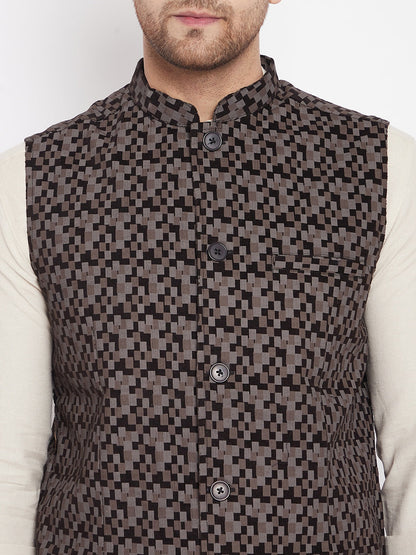 Men's Black Color Woven Nehru Jacket