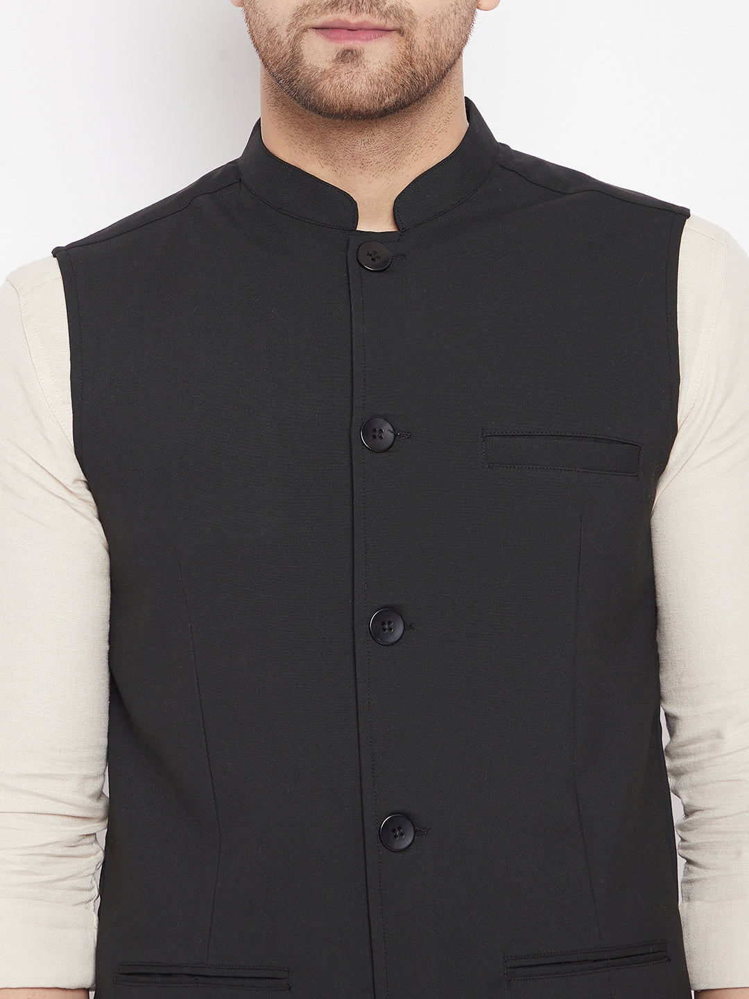 Men's Black Color Woven Nehru Jacket