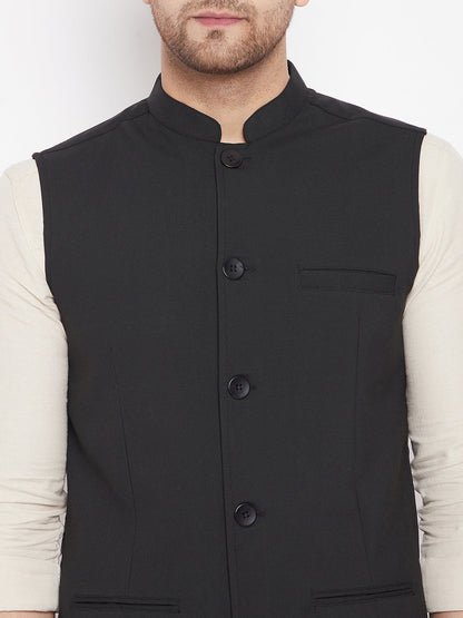 Men's Black Color Woven Nehru Jacket