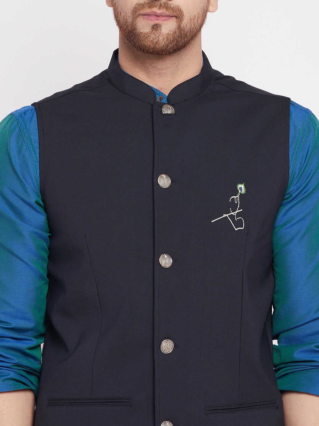 Men's Nehru Jacket With Embroided Insignia Of Lord Krishna -