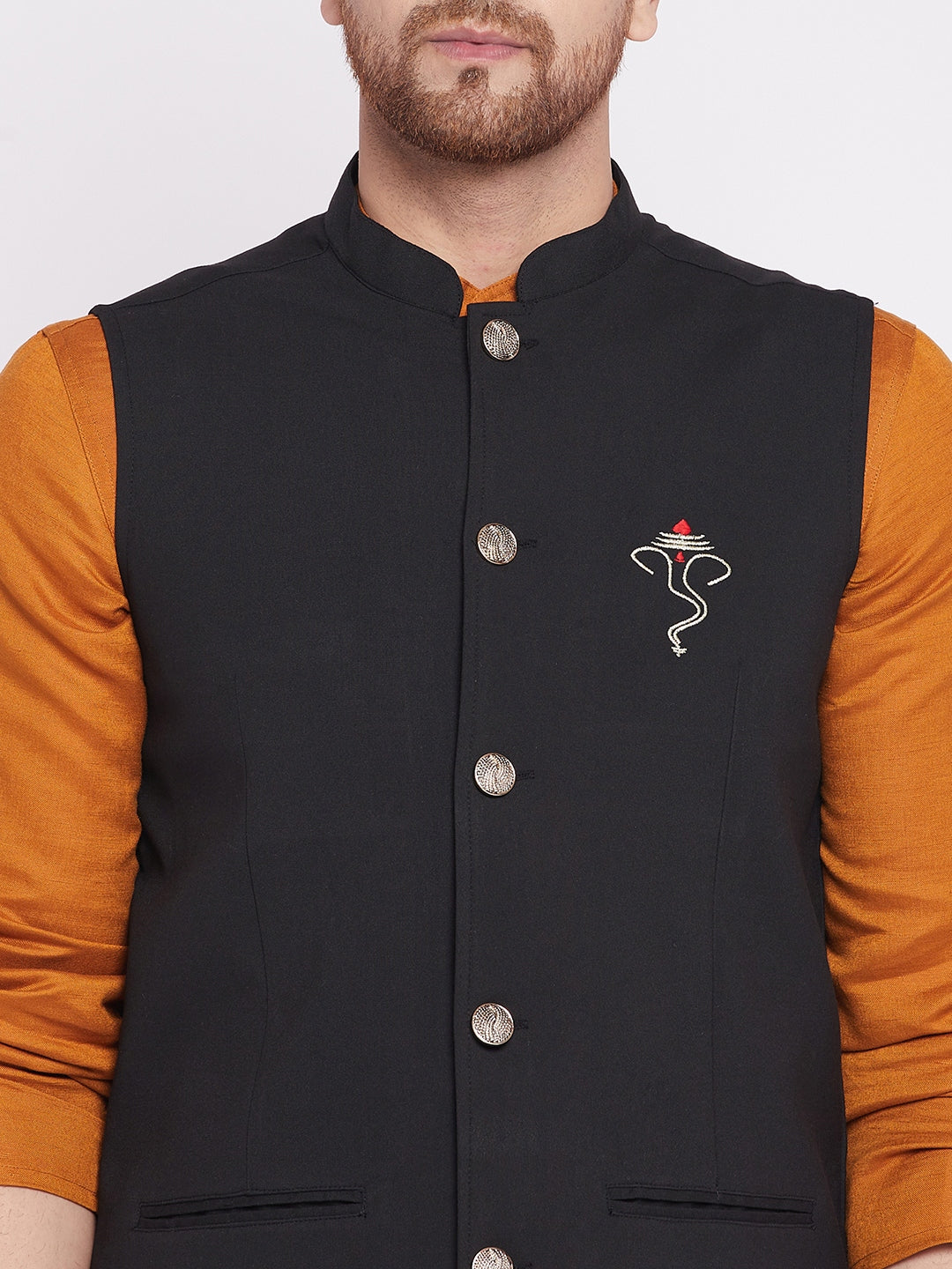 Men's Nehru Jacket With Embroided Insignia Of Lord Ganesha -