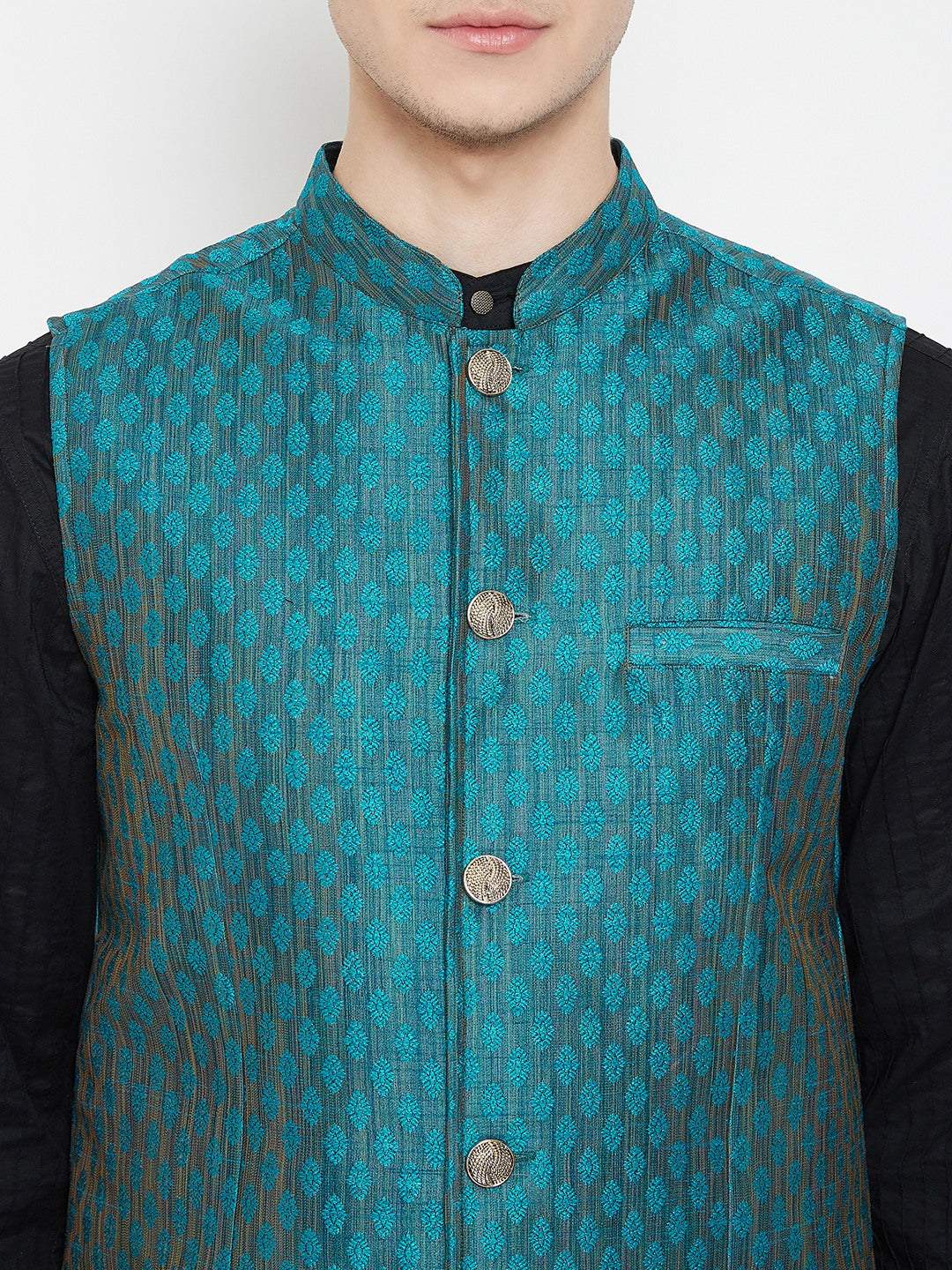 Men's Jacquard Blue Silk Nehru Jacket