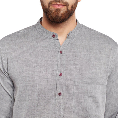 Men's Light Grey Solid Cotton Kurta