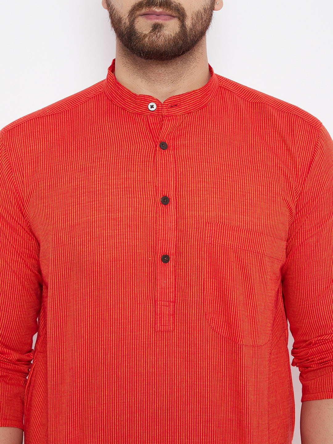 Men's Pure Cotton Striped Orange Kurta