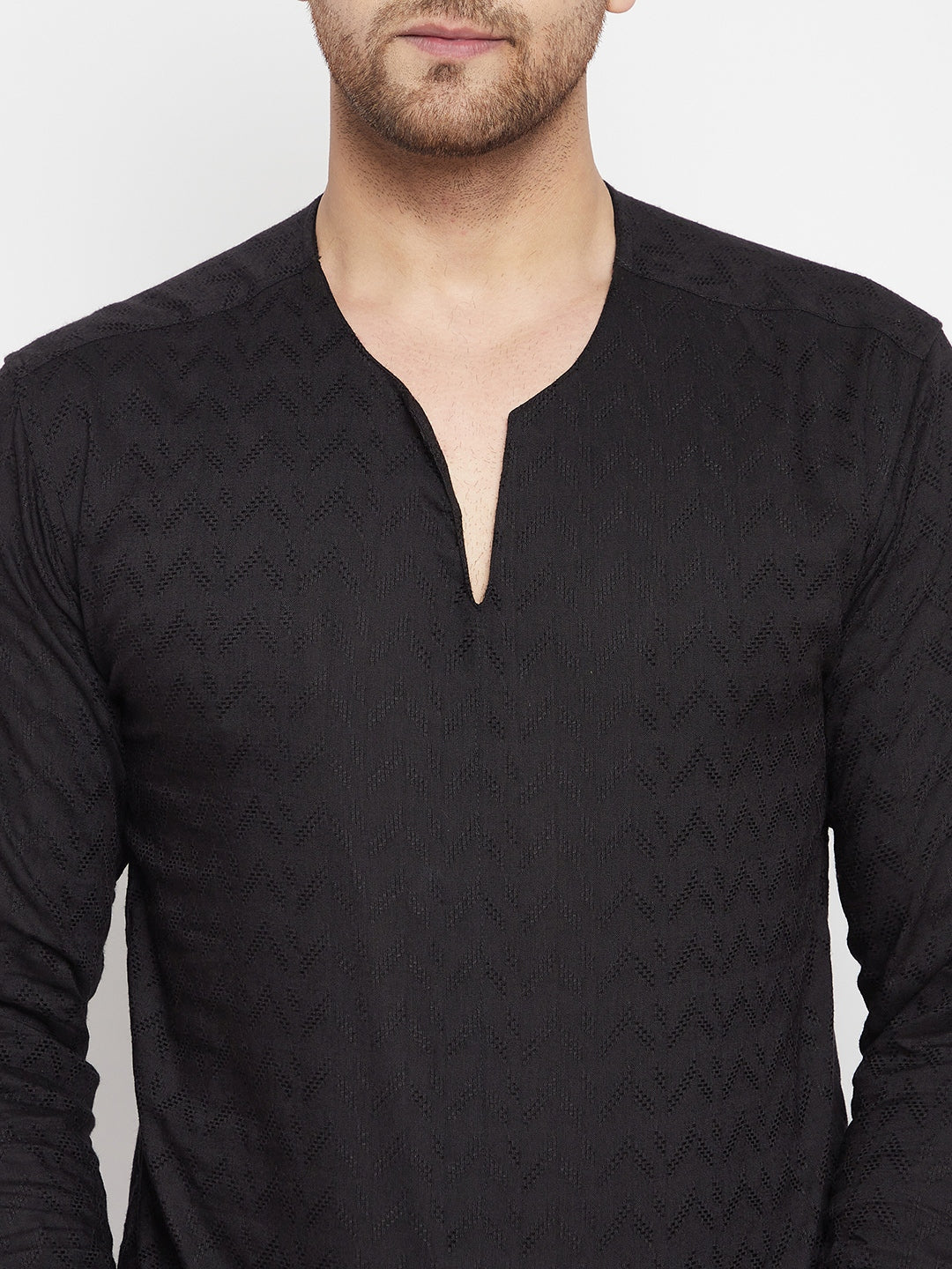 Men's Black Color Kurta with Slit Neckline