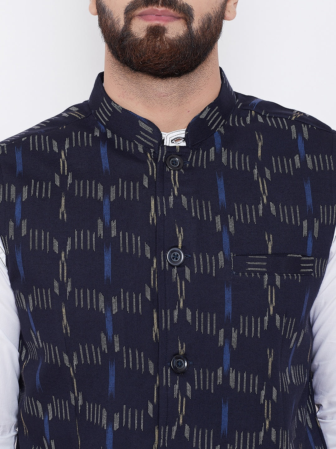 Men's Printed Navy Blue Nehru Jacket