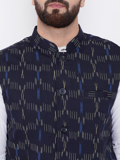 Men's Printed Navy Blue Nehru Jacket