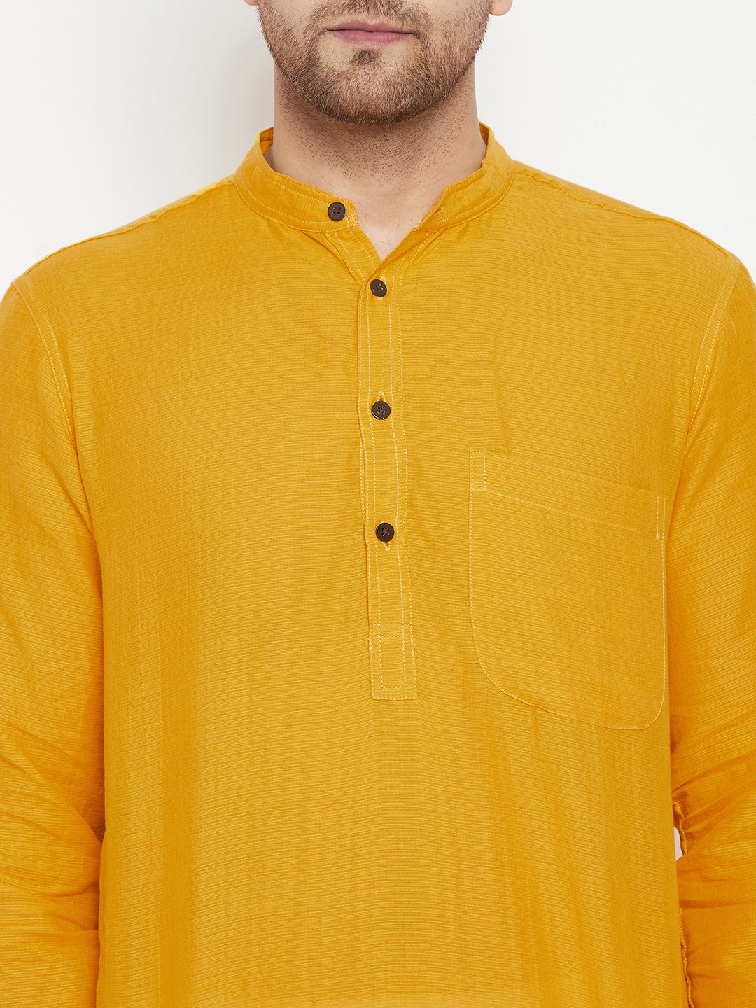 Men's Yellow Color Long Kurta with Band Collar