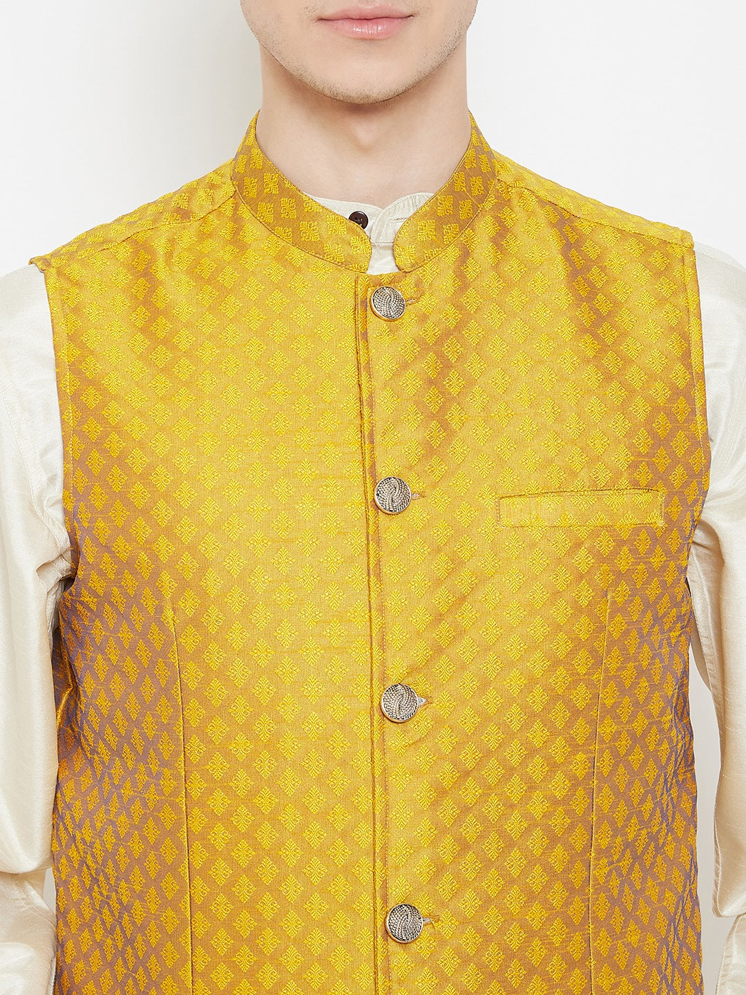 Men's Jacquard Yellow Silk Nehru Jacket