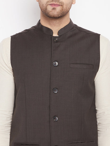 Men's Brown Color Woven Nehru Jacket