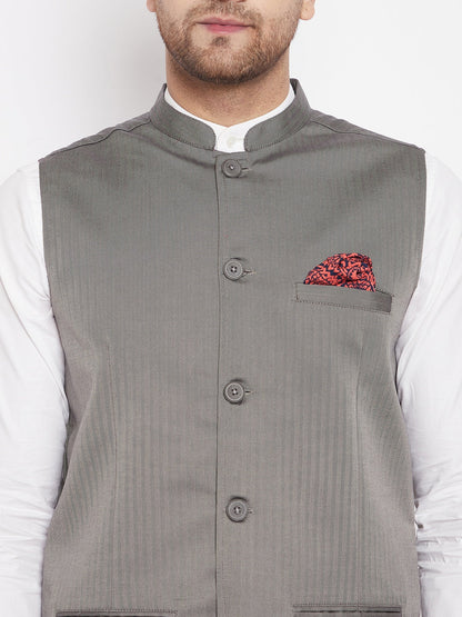 Men's Grey Color Nehru Jacket-Contrast Lining-Inbuilt Pocket Square