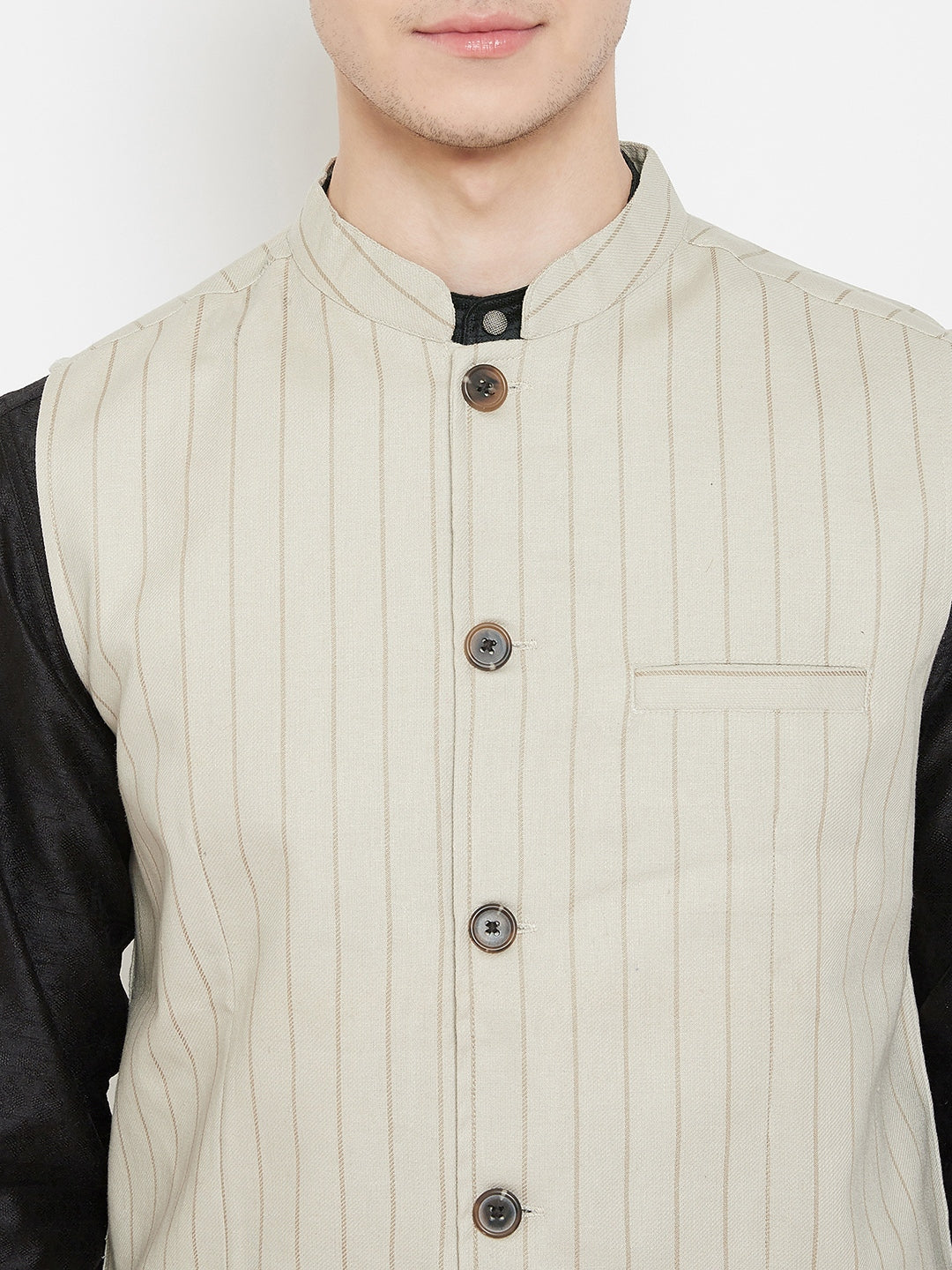 Men's Striped Beige Linen Nehru Jacket