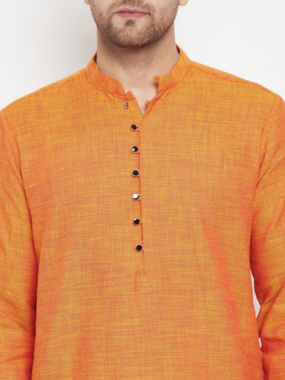 Men's Orange Color Long Kurta with Band Collar