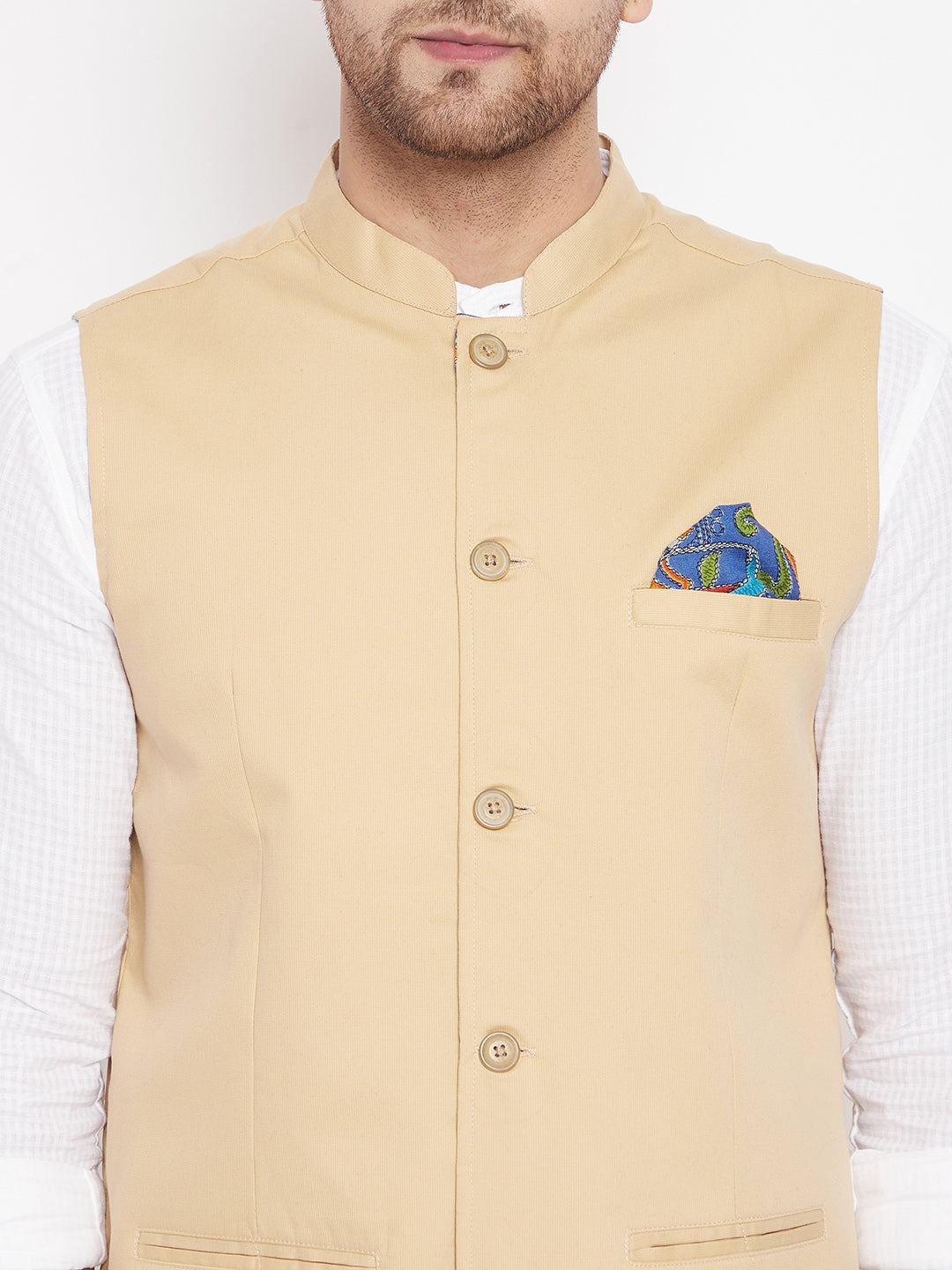 Men's Beige Color Nehru Jacket-Contrast Lining-Inbuilt Pocket Square